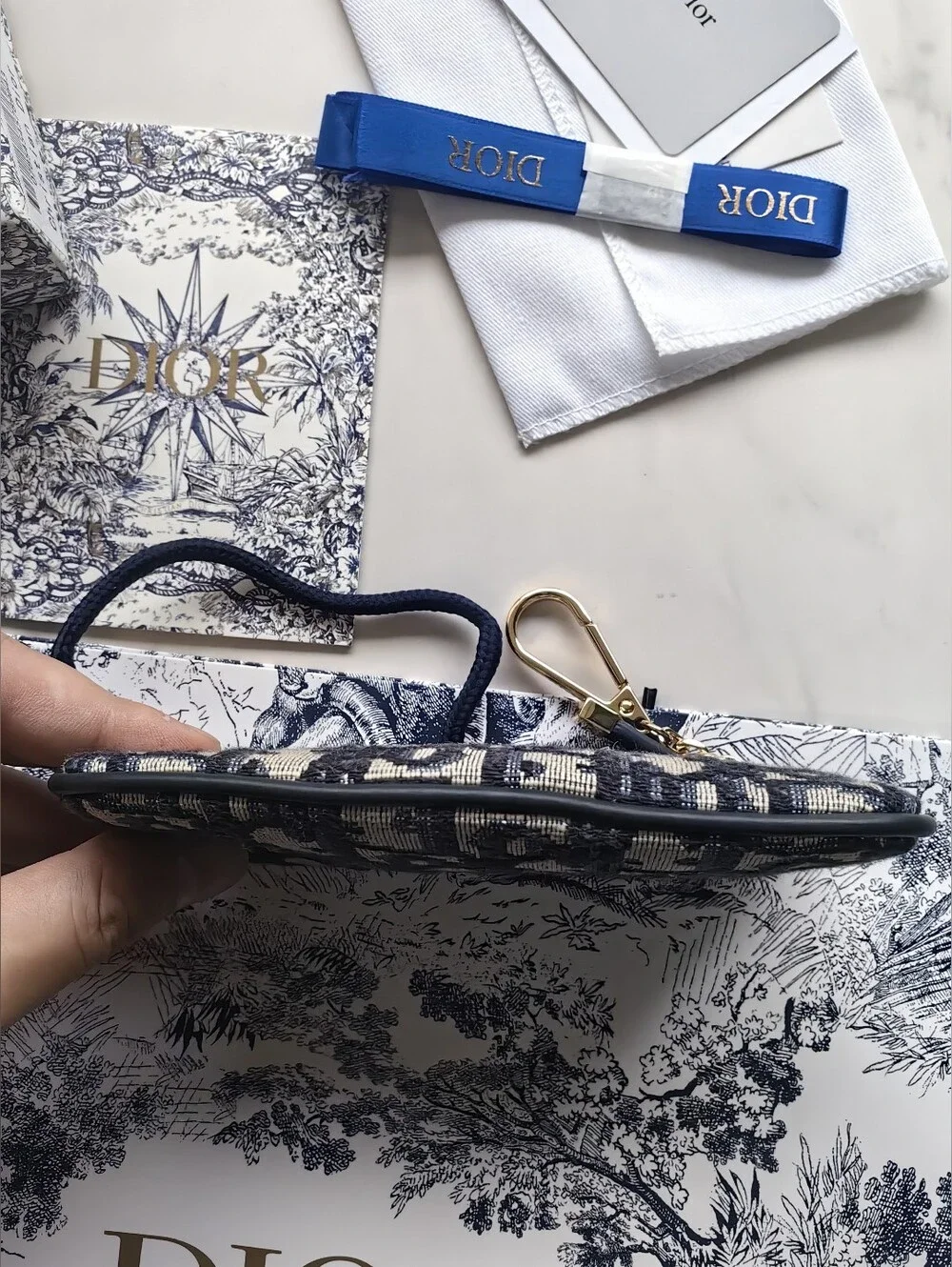 Dior Navy and Beige Oblique Canvas Key Pouch with Gold Hardware